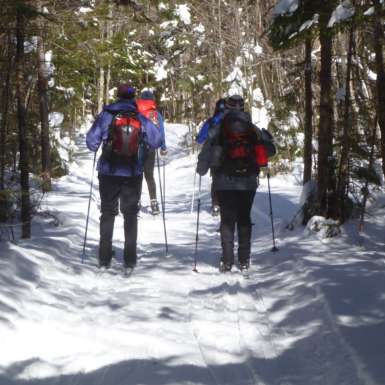 Skiing on the lodge to lodge trail between Gorman Chairback Lodge and Cabins and Little Lyford Lodge and Cabins.