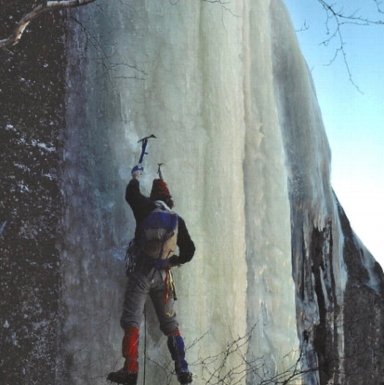 Todd Swain on the first ascent of Dropline, Frankenstein Cliff, New Hampshire.
