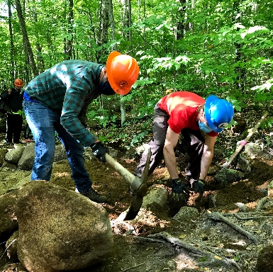 Volunteers digging holes on Lonesome Lake Trail